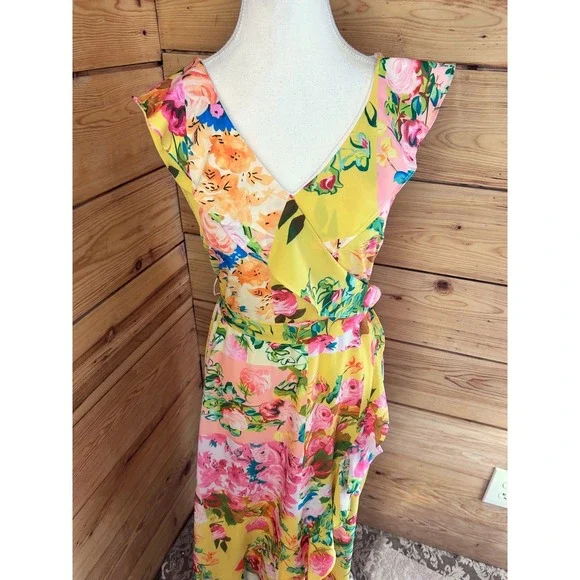 Cleo Yellow Floral Ruffle Hem Maxi Dress Sleeveless Tie Waist XS - Picture 4 of 12